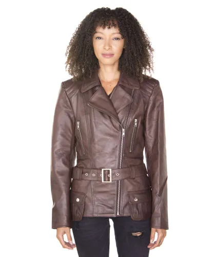 Infinity Leather Womens Long Biker Jacket-Quito - Brown