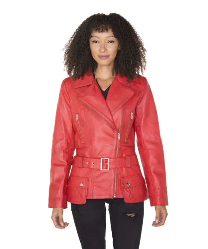 Infinity Leather Womens Long Biker Jacket-Quito - Red