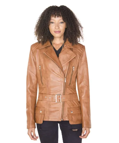 Infinity Leather Womens Long Biker Jacket-Quito - Tan