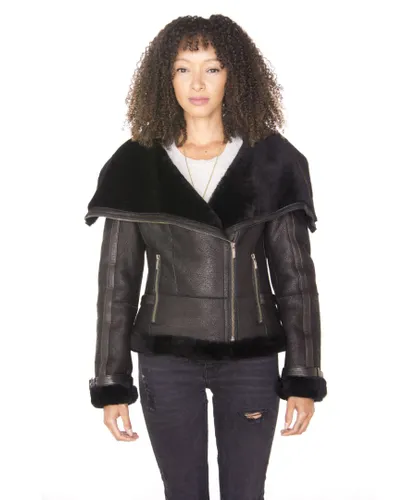 Infinity Leather Womens Merino Sheepskin Aviator Jacket-Asmara - Black