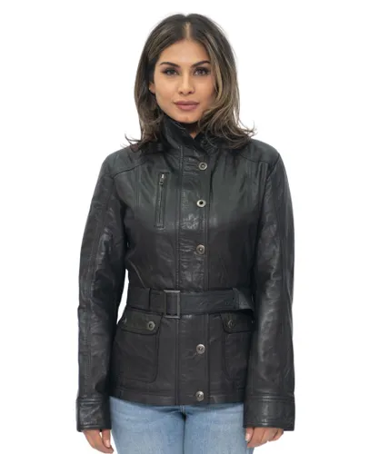 Infinity Leather Womens Military Style Biker Jacket-Phoenix - Black