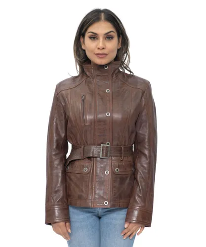 Infinity Leather Womens Military Style Biker Jacket-Phoenix - Brown