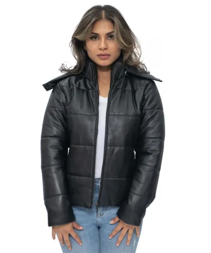 Infinity Leather Womens Puffer Bomber Jacket-Ajax - Black