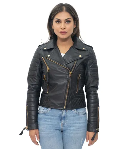 Infinity Leather Womens Quilted Vintage Brando Biker Jacket-Lusaka - Gold