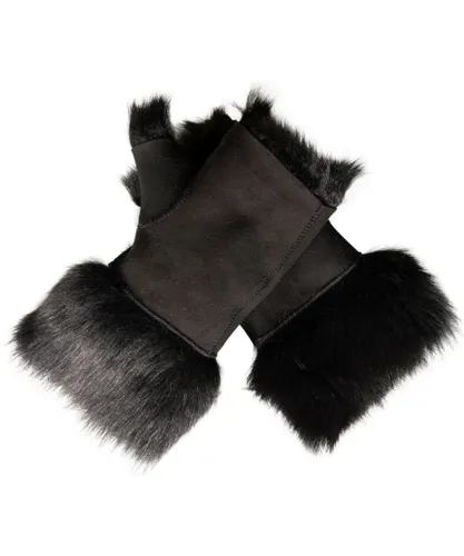 Infinity Leather Womens Shearling Mittens Fingerless Cuffs Toscana Suede Sheepskin Fur - Black - One