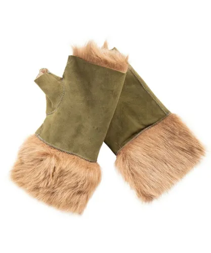 Infinity Leather Womens Shearling Mittens Fingerless Cuffs Toscana Suede Sheepskin Fur - Olive - One