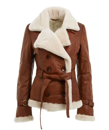 Infinity Leather Womens Tan Double Breasted Sheepskin Aviator Jacket-Leshan