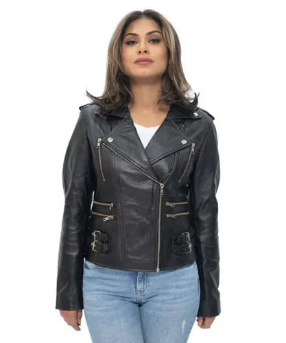Infinity Leather Womens Vintage Brando Biker Jacket-Orlando - Black