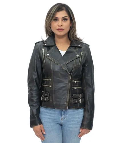 Infinity Leather Womens Vintage Brando Biker Jacket-Orlando - Black