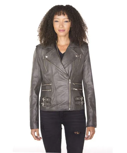 Infinity Leather Womens Vintage Brando Biker Jacket-Orlando - Grey