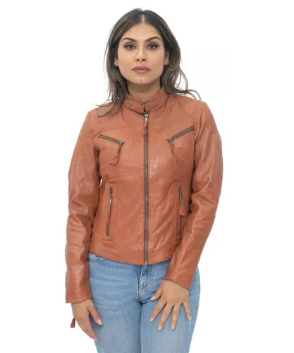 Infinity Leather Womenss Casual Slim-Fit Biker Jacket-Tulsa - Brown