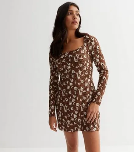 Influence Brown Floral Spot Long Sleeve Bodycon Mini Dress New Look