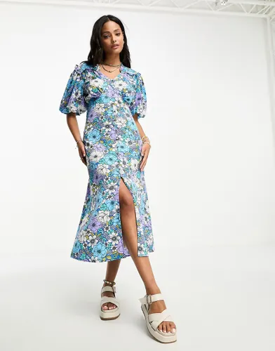 Influence button front midi dress with collar in bold floral print-Blue