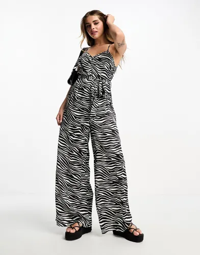 Influence cami strap wide leg jumpsuit in monochrome zebra print-Black
