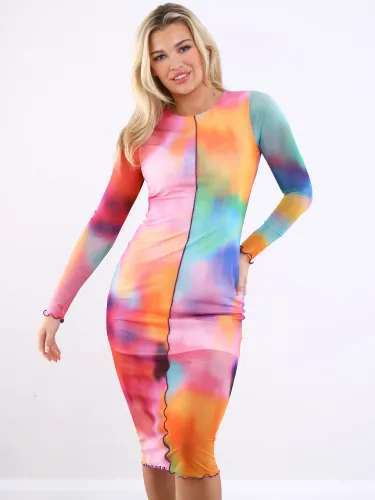 Influence Rainbow Tie Dye Long Sleeve Mesh Midi Dress