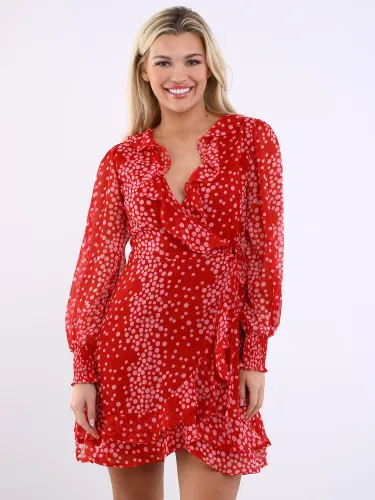 Influence Red Spot Long Sleeve Frill Wrap Dress