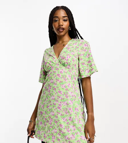 Influence Tall v neck mini dress in green and lilac floral print