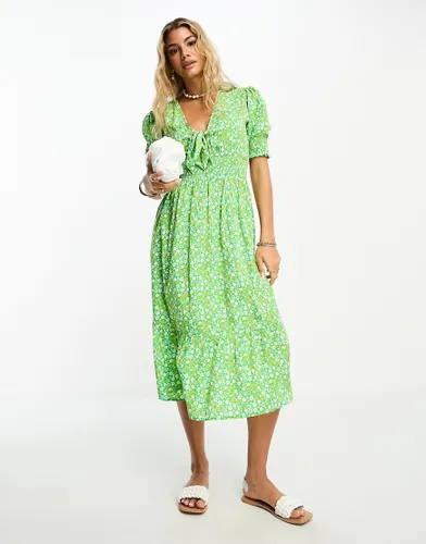 Influence tie front midi dress in bright green floral print