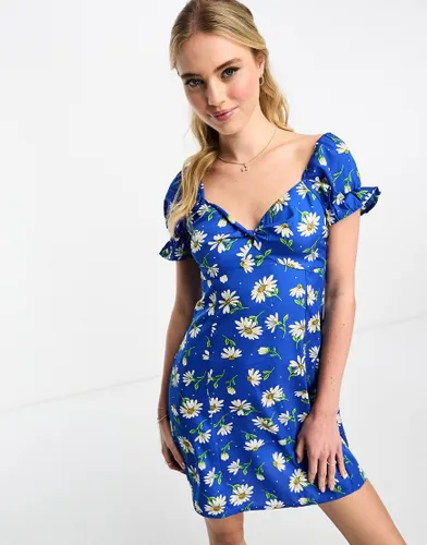 Influence tie front mini dress in blue daisy floral print