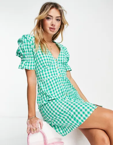 Influence v neck button down mini dress in gingham green
