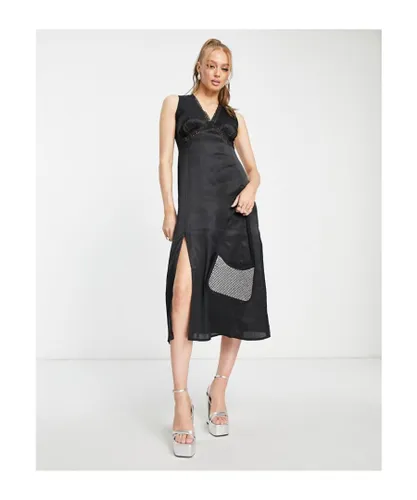 Influence Womens satin sleeveless midi dress with lace trim in black