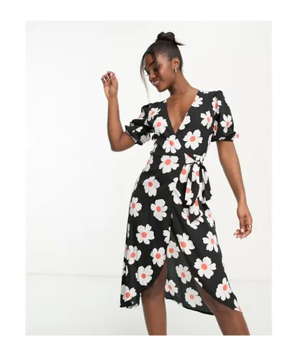 Influence Womens wrap front midi dress in floral print-White - Black