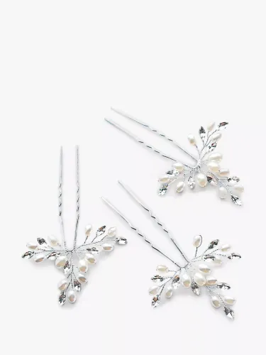 Ivory & Co. Crystal and Faux Pearl Hair Pin, Set of 3, Silver - Silver - Female