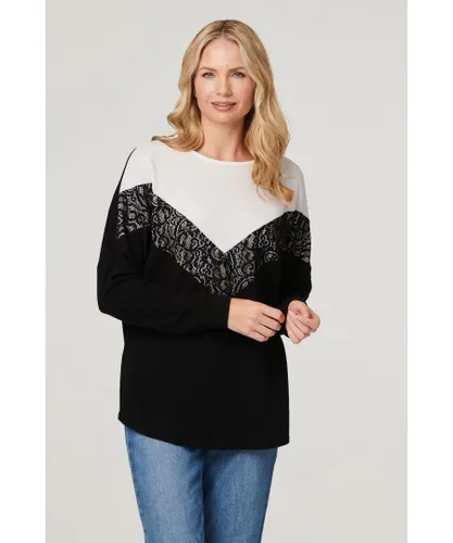 Izabel London Womens Black Colour Block Lace Sweater