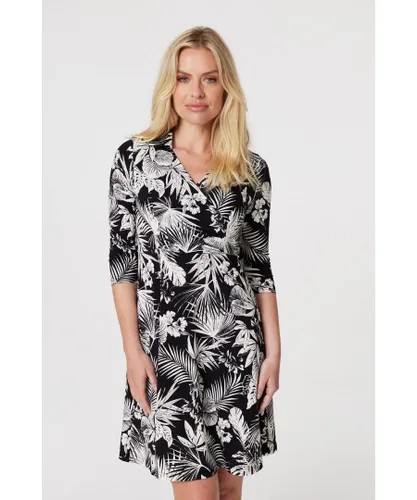 Izabel London Womens Black Leaf Print Wrap Front Shirt Dress Jersey