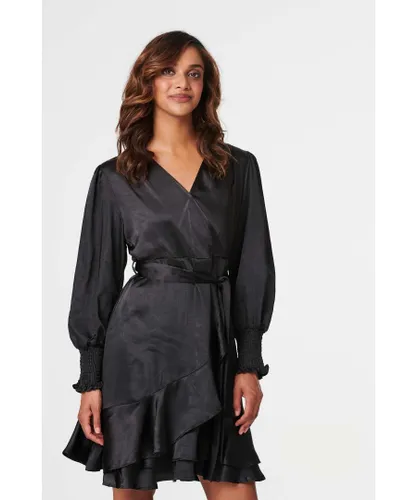 Izabel London Womens Black Satin Frill Detail Wrap Dress