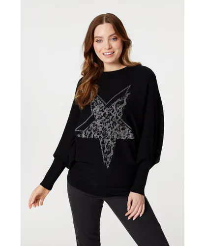Izabel London Womens Black Star Embellished Knit Sweater Acrylic/Polyester