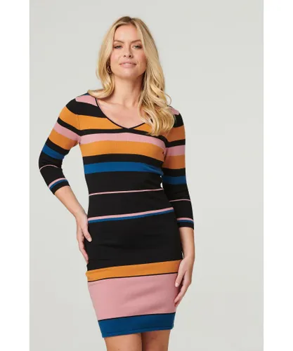 Izabel London Womens Black Striped 3/4 Sleeve Knit Dress