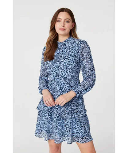 Izabel London Womens Blue Animal Print Layered Hem Dress