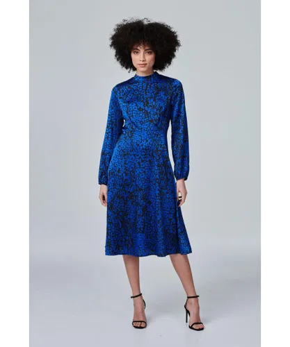 Izabel London Womens Blue Leopard Print High Neck Dress Viscose
