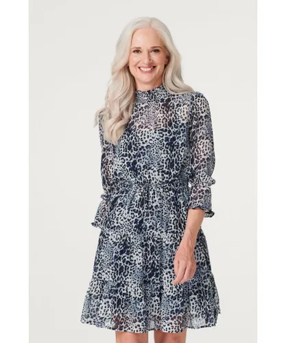 Izabel London Womens Blue Leopard Print Shirred Neck Dress