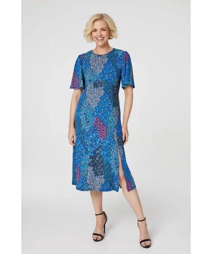 Izabel London Womens Blue Peacock Print Jersey Midi Dress