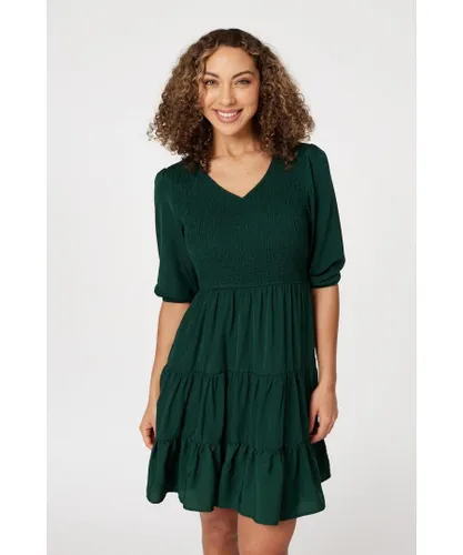 Izabel London Womens Dark Green 1/2 Sleeve Smocked Mini Dress
