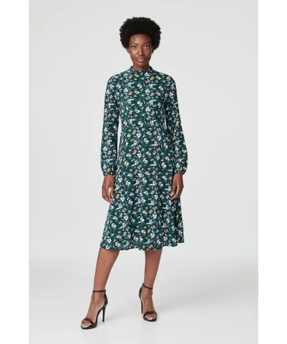 Izabel London Womens Floral High Neck Midi Tea Dress - Green