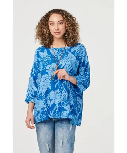 Izabel London Womens Floral Oversized 3/4 Sleeve Blouse - Blue Cotton