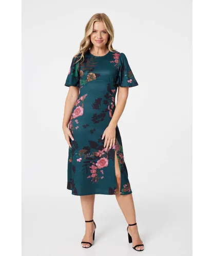Izabel London Womens Floral Short Sleeve Midi Tea Dress - Green