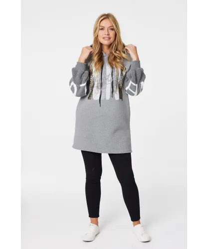 Izabel London Womens Grey Printed Knit Sleeve Hooded Jumper Cotton