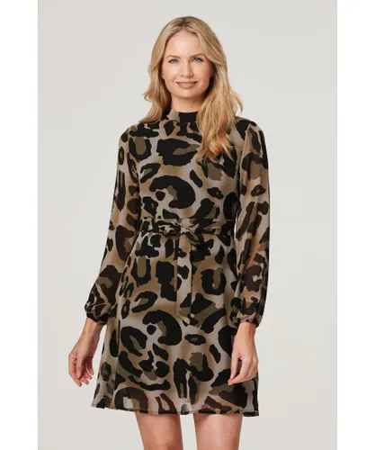 Izabel London Womens Khaki Animal Print High Neck Dress
