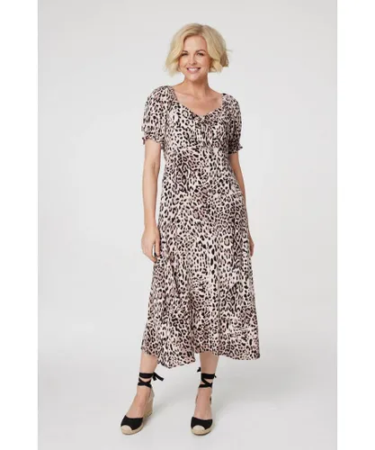 Izabel London Womens Multi Beige Animal Print Tie Front Midi Dress Viscose