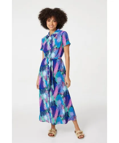Izabel London Womens Multi Blue Feather Print Maxi Shirt Dress