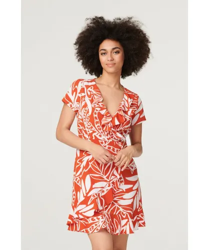Izabel London Womens Orange Leaf Print Ruffle Mini Dress