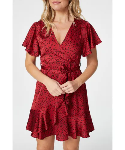Izabel London Womens Polka Dot Frilled Wrap Mini Dress - Red