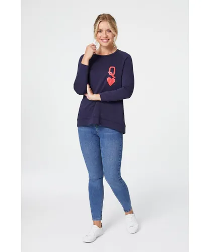 Izabel London Womens Queen of Hearts Relaxed Jumper - Blue Cotton