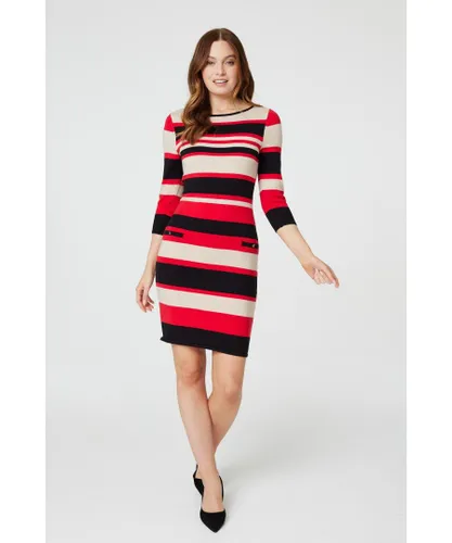 Izabel London Womens Red Striped Pocket Detail Knit Dress