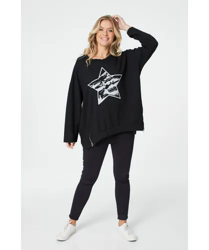 Izabel London Womens Star Print Long Sleeve Sweatshirt - Black Cotton
