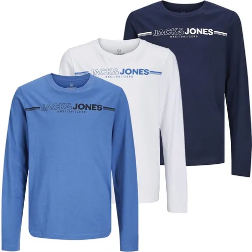 JACK AND JONES Boys Frederik Three Pack Long Sleeve T-Shirt White/Navy Blazer/Bright Cobalt